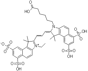 结构式 CAS# 1284240-77-2, 2-[3-[3-(5-羧基戊基)-1,3-二氢-1,1-二甲基-6,8-二磺基-2H-苯并[e]吲哚-2-亚基]-1-丙烯-1-基]-3-乙基-1,1-二甲基-6,8-二磺基-1H-苯并[e]吲哚鎓内盐