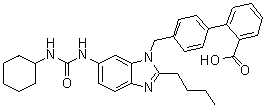 structure of CAS# 133085-33-3, 4'-[[2-Butyl-6-[[(cyclohexylamino)carbonyl]amino]-1H-benzimidazol-1-yl]methyl][1,1'-biphenyl]-2-carboxylic acid;BIBS 39