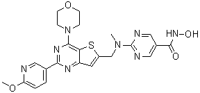 结构式 CAS# 1339928-25-4, N-羟基-2-[[[2-(6-甲氧基吡啶-3-基)-4-(吗啉-4-基)噻吩并[3,2-d]嘧啶-6-基]甲基](甲基)氨基]嘧啶-5-甲酰胺