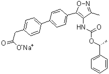 structure of CAS# 1345614-59-6, 4'-[3-Methyl-4-[[[(1R)-1-phenylethoxy]carbonyl]amino]-5-isoxazolyl]-[1,1'-biphenyl]-4-acetic acid sodium salt (1:1);AM 095