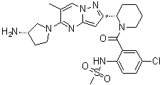 structure of CAS# 1353625-73-6, Presatovir;N-[2-[[(2S)-2-[5-[(3S)-3-Amino-1-pyrrolidinyl]-6-methylpyrazolo[1,5-a]pyrimidin-2-yl]-1-piperidinyl]carbonyl]-4-chlorophenyl]methanesulfonamide; GS 5806