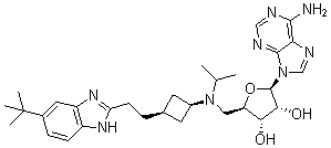 structure of CAS# 1380288-87-8, 9-[5-Deoxy-5-[[cis-3-[2-[6-(1,1-dimethylethyl)-1H-benzimidazol-2-yl]ethyl]cyclobutyl](1-methylethyl)amino]-beta-D-ribofuranosyl]-9H-purin-6-amine
