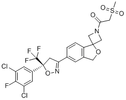 structure of CAS# 1398609-39-6, Sarolaner;1-[6-[(5S)-5-(3,5-dichloro-4-fluorophenyl)-5-(trifluoromethyl)-4H-1,2-oxazol-3-yl]spiro[1H-2-benzofuran-3,3'-azetidine]-1'-yl]-2-methylsulfonylethanone