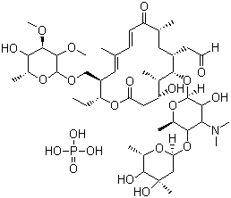 structure of CAS# 1405-53-4, Tylosin phosphate ;2-[(4R,5S,6S,7R,9R,11E,13E,15R,16R)-6-[(2R,3R,4R,5S,6R)-5-[(2S,4R,5S,6S)-4,5-Dihydroxy-4,6-dimethyloxan-2-yl]oxy-4-dimethylamino-3-hydroxy-6-methyloxan-2-yl]oxy-16-ethyl-4-hydroxy-15-[[(2R,3R,4R,5R,6R)-5-hydroxy-3,4-dimethoxy-6-methyloxan-2-yl]oxymethyl]-5,9,13-trimethyl-2,10-dioxo-1-oxacyclohexadeca-11,13-dien-7-yl]acetaldehyde phosphate