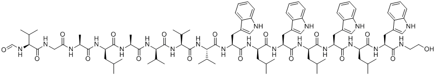 structure of CAS# 1405-97-6, Gramicidin;(2R)-2-[[(2S)-2-[[2-[[(2S)-2-formamido-3-methylbutanoyl]amino]acetyl]amino]propanoyl]amino]-N-[(2S)-1-[[(2R)-1-[[(2S)-1-[[(2S)-1-[[(2S)-1-[[(2R)-1-[[(2S)-1-[[(2R)-1-[[(2S)-1-[[(2R)-1-[[(2S)-1-(2-hydroxyethylamino)-3-(1H-indol-3-yl)-1-oxopropan-2-yl]amino]-4-methyl-1-oxopentan-2-yl]amino]-3-(1H-indol-3-yl)-1-oxopropan-2-yl]amino]-4-methyl-1-oxopentan-2-yl]amino]-3-(1H-indol-3-yl)-1-oxopropan-2-yl]amino]-4-methyl-1-oxopentan-2-yl]amino]-3-(1H-indol-3-yl)-1-oxopropan-2-yl]amino]-3-methyl-1-oxobutan-2-yl]amino]-3-methyl-1-oxobutan-2-yl]amino]-3-methyl-1-oxobutan-2-yl]amino]-1-oxopropan-2-yl]-4-methylpentanamide