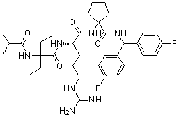 structure of CAS# 1417329-24-8, 1-[[(2S)-5-[(Aminoiminomethyl)amino]-2-[[2-ethyl-2-[(2-methyl-1-oxopropyl)amino]-1-oxobutyl]amino]-1-oxopentyl]amino]-N-[bis(4-fluorophenyl)methyl]cyclopentanecarboxamide]