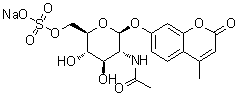 structure of CAS# 142439-99-4, 7-[[2-(Acetylamino)-2-deoxy-6-O-sulfo-beta-D-glucopyranosyl]oxy]-4-methyl-2H-1-benzopyran-2-one monosodium salt
