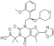 structure of CAS# 1434635-54-7, 1,4-Dihydro-1-[(2R)-2-(2-methoxyphenyl)-2-[(tetrahydro-2H-pyran-4-yl)oxy]ethyl]-alpha,alpha,5-trimethyl-6-(2-oxazolyl)-2,4-dioxothieno[2,3-d]pyrimidine-3(2H)-acetic acid;ND 630