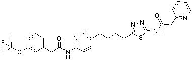 structure of CAS# 1439399-58-2, CB 839;N-[5-[4-[6-[[2-[3-(Trifluoromethoxy)phenyl]acetyl]amino]-3-pyridazinyl]butyl]-1,3,4-thiadiazol-2-yl]-2-pyridineacetamide