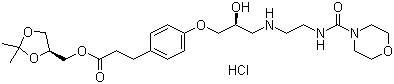 structure of CAS# 144481-98-1, Landiolol hydrochloride;[(4S)-2,2-Dimethyl-1,3-dioxolan-4-yl]methyl 3-[4-[(2S)-2-hydroxy-3-[2-(morpholine-4-carbonylamino)ethylamino]propoxy]phenyl]propanoate hydrochloride