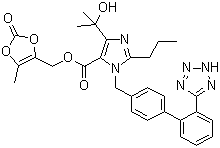 结构式 CAS# 144689-63-4, 奥美沙坦酯; 2,3-二羟基-2-丁烯基-4-(1-羟基-1-甲基乙基)-2-丙基-1-[4-(2-1H-四唑-5-苯基)苄基]咪唑-5-羧酸酯环-2,3-碳酸酯