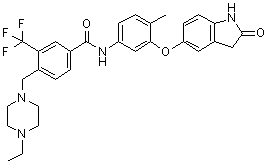 结构式 CAS# 1449685-96-4, N-[3-[(2,3-二氢-2-氧代-1H-吲哚-5-基)氧基]-4-甲基苯基]-4-[(4-乙基-1-哌嗪基)甲基]-3-(三氟甲基)苯甲酰胺