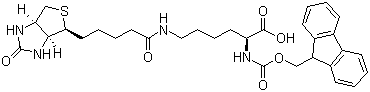 结构式 CAS# 146987-10-2, N-Fmoc-N'-生物素-L-赖氨酸; N-芴甲氧羰基-N'-生物素-L-赖氨酸