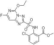 结构式 CAS# 147150-35-4, 氯酯磺草胺; 3-氯-2-[(5-乙氧基-7-氟-[1,2,4]三唑并[5,1-c]嘧啶-2-基)磺酰氨基]苯甲酸甲酯