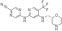 结构式 CAS# 1489389-18-5, 5-[[4-[[(2R)-2-吗啉基甲基]氨基]-5-(三氟甲基)-2-吡啶基]氨基]-2-吡嗪甲腈