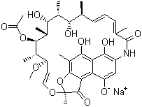 结构式 CAS# 14897-39-3, 利福霉素钠; (12Z,14E,24E)-(2S,16S,17S,18R,19R,20R,21S,22R,23S)-21-乙酰氧基-1,2-二氢-6,9,17,19-四羟基-23-甲氧基-2,4,12,16,18,20,22-七甲基-1,11-二氧-2,7-(十五碳环氧-1,11,13-三烯亚胺)苯并[2,1-b]呋喃-5-酚一钠盐