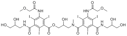 structure of CAS# 154397-78-1, Iopromide EP Impurity E;[3-[[3-(2,3-Dihydroxypropylcarbamoyl)-2,4,6-triiodo-5-[(2-methoxyacetyl)amino]benzoyl]-methylamino]-2-hydroxypropyl] 3-(2,3-dihydroxypropylcarbamoyl)-2,4,6-triiodo-5-[(2-methoxyacetyl)amino]benzoate