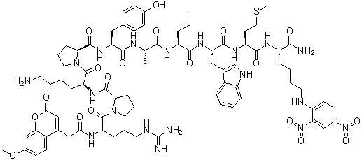 结构式 CAS# 158584-08-8, N2-[2-(7-甲氧基-2-氧代-2H-1-苯并吡喃-4-基)乙酰基]-L-精氨酰-L-脯氨酰-L-赖氨酰-L-脯氨酰-L-酪氨酰-L-丙氨酰-L-正缬氨酰-L-色氨酰-L-蛋氨酰-N6-(2,4-二硝基苯基)-L-赖氨酰胺