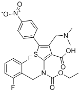 structure of CAS# 1589503-95-6, 2-[[(2,6-Difluorophenyl)methyl](ethoxycarbonyl)amino]-4-[(dimethylamino)methyl]-5-(4-nitrophenyl)-3-Thiophenecarboxylic acid