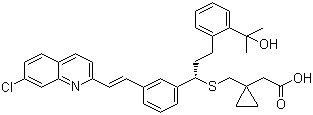 structure of CAS# 158966-92-8, Montelukast;(R-(E))-1-(((1-(3-(2-(7-Chloro-2-quinolinyl)ethenyl)phenyl)-3-(2-(1-hydroxy-1-methylethyl)phenyl)propyl)thio)methyl)cyclopropaneacetic acid; 2-[1-[[(1R)-1-[3-[(E)-2-(7-Chloroquinolin-2-yl)ethenyl]phenyl]-3-[2-(2-hydroxypropan-2-yl)phenyl]propyl]sulfanylmethyl]cyclopropyl]acetic acid