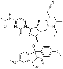 结构式 CAS# 159414-99-0, N-乙酰基-5'-O-(4,4-二甲氧基三苯甲基)-2'-脱氧-2'-氟胞苷-3'-(2-氰基乙基-N,N-二异丙基)亚磷酰胺