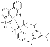 structure of CAS# 1599466-89-3, (SP-4-3)-[bis(1,1-dimethylethyl)[2',4',6'-tris(1-methylethyl)[1,1'-biphenyl]-2-yl]phosphine](methanesulfonato-κO)[2'-(methylamino-κN)[1,1'-biphenyl]-2-yl-κC]-Palladium;(Methanesulfonato-?O)[2'-(methylamino)-2-biphenylyl]palladium - bis(2-methyl-2-propanyl)(2',4',6'-triisopropyl-2-biphenylyl)phosphine (1:1)