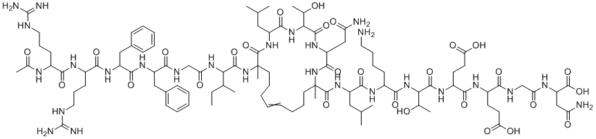 structure of CAS# 1652561-87-9, Sah-sos1A;4-[[2-[[2-[[2-[[2-[[20-[[2-[[2-[[2-[[2-[[2-[(2-acetamido-5-carbamimidamidopentanoyl)amino]-5-carbamimidamidopentanoyl]amino]-3-phenylpropanoyl]amino]-3-phenylpropanoyl]amino]acetyl]amino]-3-methylpentanoyl]amino]-8-(2-amino-2-oxoethyl)-5-(1-hydroxyethyl)-11,20-dimethyl-2-(2-methylpropyl)-3,6,9,21-tetraoxo-1,4,7,10-tetrazacyclohenicos-15-ene-11-carbonyl]amino]-4-methylpentanoyl]amino]-6-aminohexanoyl]amino]-3-hydroxybutanoyl]amino]-4-carboxybutanoyl]amino]-5-[[2-[(3-amino-1-carboxy-3-oxopropyl)amino]-2-oxoethyl]amino]-5-oxopentanoic acid