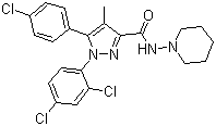 结构式 CAS# 168273-06-1, 利莫那班;  5-(4-氯苯基)-1-(2,4-二氯苯基)-4-甲基-N-(1-哌啶基)-1H-吡唑-3-甲酰胺