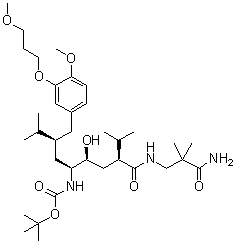 结构式 CAS# 173338-07-3, N-[(1S,2S,4S)-4-[[(3-氨基-2,2-二甲基-3-氧代丙基)氨基]羰基]-2-羟基-1-[(2S)-2-[[4-甲氧基-3-(3-甲氧基丙氧基)苯基]甲基]-3-甲基丁基]-5-甲基己基]氨基甲酸叔丁酯