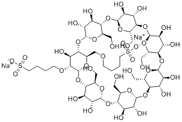 structure of CAS# 182410-00-0, Sulfobutylbetadex sodium;Captisol; disodium 4-[[(1S,3R,5R,6S,8R,10R,11S,13R,15R,16S,18S,20S,21R,23S,25S,26R,28S,30S,31R,33R,35R,36R,37R,38S,39S,40S,41S,42S,43S,44R,45R,46S,47R,48R,49R)-36,37,38,39,40,41,42,43,44,45,46,48,49-tridecahydroxy-5,15,20,25,30,35-hexakis(hydroxymethyl)-47-(4-sulfonatobutoxy)-2,4,7,9,12,14,17,19,22,24,27,29,32,34-tetradecaoxaoctacyclo[31.2.2.23,6.28,11.213,16.218,21.223,26.228,31]nonatetracontan-10-yl]methoxy]butane-1-sulfonate; beta-Cyclodextrin sulfobutyl ethers sodium salts