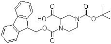 structure of CAS# 183742-23-6, 4-Boc-1-Fmoc-2-piperazinecarboxylic acid;4-(tert-Butoxycarbonyl)-1-[(9H-fluoren-9-ylmethoxy)carbonyl]-2-piperazinecarboxylic acid