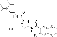structure of CAS# 185104-11-4, Acotiamide hydrochloride;N-[2-[Bis(1-methylethyl)amino]ethyl]-2-[(2-hydroxy-4,5-dimethoxybenzoyl)amino]-4-thiazolecarboxamide hydrochloride