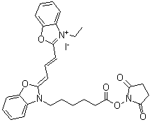 结构式 CAS# 186205-33-4, 2-[3-[3-[6-[(2,5-二氧代-1-吡咯烷基)氧基]-6-氧代己基]-2(3H)-苯并恶唑亚基]-1-丙烯基]-3-乙基苯并恶唑鎓碘化物