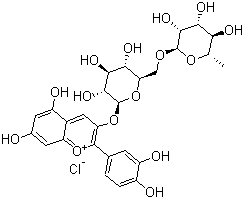 结构式 CAS# 18719-76-1, 氯化花青素鼠李葡萄糖苷; 氯化凯拉花青