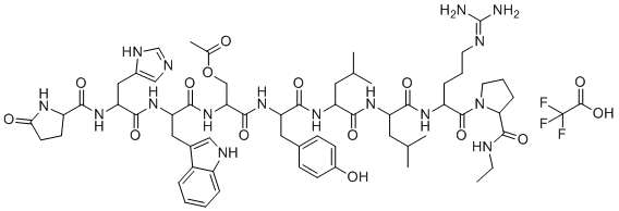 structure of CAS# 1926163-25-8, Leuprolide Acetate EP Impurity D;[3-[[1-[[1-[[1-[[5-(diaminomethylideneamino)-1-[2-(ethylcarbamoyl)pyrrolidin-1-yl]-1-oxopentan-2-yl]amino]-4-methyl-1-oxopentan-2-yl]amino]-4-methyl-1-oxopentan-2-yl]amino]-3-(4-hydroxyphenyl)-1-oxopropan-2-yl]amino]-2-[[2-[[3-(1H-imidazol-5-yl)-2-[(5-oxopyrrolidine-2-carbonyl)amino]propanoyl]amino]-3-(1H-indol-3-yl)propanoyl]amino]-3-oxopropyl] acetate;2,2,2-trifluoroacetic acid