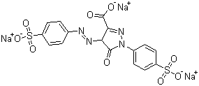 结构式 CAS# 1934-21-0, 酸性黄 23; 食用柠檬黄; 肼黄; 1-(4-磺酸苯基)-4-(4-磺酸苯基偶氮)-5-吡唑啉酮-3-羧酸三钠盐