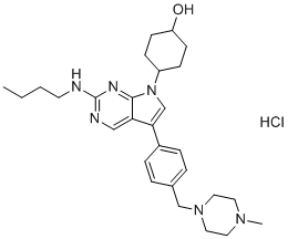 structure of CAS# 2070015-17-5, UNC2025 hydrochloride;4-[2-(butylamino)-5-[4-[(4-methylpiperazin-1-yl)methyl]phenyl]pyrrolo[2,3-d]pyrimidin-7-yl]cyclohexan-1-ol;hydrochloride