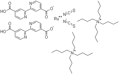结构式 CAS# 207347-46-4, 二(四丁基铵) 顺式-双(异硫氰基)双(2,2'-联吡啶-4,4'-二羧酸)钌(II)