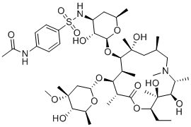 structure of CAS# 2095879-65-3, Azithromycin Impurity Q ;Unii-W26dem4UN2;N-[4-[[(2S,3R,4S,6R)-2-[[(2R,3S,4R,5R,8R,10R,11R,12S,13S,14R)-2-ethyl-3,4,10-trihydroxy-13-[(2R,4R,5S,6S)-5-hydroxy-4-methoxy-4,6-dimethyloxan-2-yl]oxy-3,5,6,8,10,12,14-heptamethyl-15-oxo-1-oxa-6-azacyclopentadec-11-yl]oxy]-3-hydroxy-6-methyloxan-4-yl]sulfamoyl]phenyl]acetamide