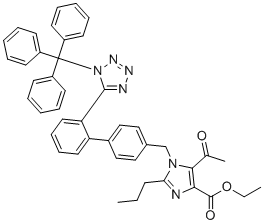 structure of CAS# 2101308-73-8, Olmesartan Medoxomil Impurity 10;Ethyl 5-acetyl-2-propyl-1-[[4-[2-(1-trityltetrazol-5-yl)phenyl]phenyl]methyl]imidazole-4-carboxylate