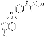 structure of CAS# 233254-24-5, Tomeglovir;N-[4-[[[5-(Dimethylamino)-1-naphthalenyl]sulfonyl]amino]phenyl]-2-(hydroxymethyl)-2-methylpropanamide; BAY 38-4766