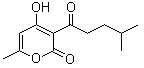 structure of CAS# 23800-56-8, 4-Hydroxy-6-methyl-3-(4-methyl-1-oxopentyl)-2H-pyran-2-one;Dhelwangin; Pogostone