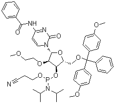 structure of CAS# 251647-54-8, N-Benzoyl-5'-O-[bis(4-methoxyphenyl)phenylmethyl]-2'-O-(2-methoxyethyl)cytidine 3'-[2-cyanoethyl bis(1-methylethyl)phosphoramidite]