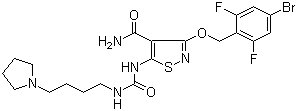3-[(4-Bromo-2,6-difluorobenzyl)oxy]-5-[3-[4-(pyrrolidin-1-yl)butyl]ureido]isothiazole-4-carboxamide molecular structure (CAS 252003-65-9)