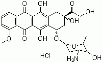 结构式 CAS# 25316-40-9, 盐酸多柔比星; 盐酸柔红霉素; 盐酸阿霉素; (8S-cis)-10-[(3-氨基-2,3,6-三去氧-a-L-来苏己吡喃基)-氧]-7,8,9,10-四氢-6,8,11-三羟基-8-羟基乙酰基-1-甲氧基-5,12-并四苯二酮盐酸盐