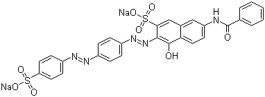 structure of CAS# 2610-11-9, Direct Red 81;Disodium 7-benzamido-4-hydroxy-3-[[4-[(4-sulphonatophenyl)azo]phenyl]azo]naphthalene-2-sulphonate