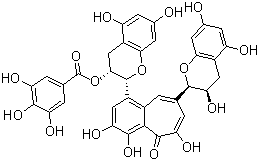 structure of CAS# 28543-07-9, Theaflavin 3'-gallate;Theaflavin 2B; Theaflavin monogallate B; 3,4,5-Trihydroxybenzoic acid (2R,3R)-2-[8-[(2R,3R)-3,4-dihydro-3,5,7-trihydroxy-2H-1-benzopyran-2-yl]-3,4,6-trihydroxy-5-oxo-5H-benzocyclohepten-1-yl]-3,4-dihydro-5,7-dihydroxy-2H-1-benzopyran-3-yl ester