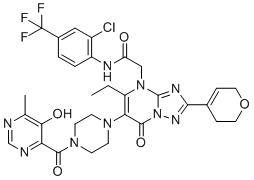 structure of CAS# 2869954-34-5, Werner syndrome RecQ helicase-IN-1;HRO761; N-[2-chloro-4-(trifluoromethyl)phenyl]-2-[2-(3,6-dihydro-2H-pyran-4-yl)-5-ethyl-6-[4-(5-hydroxy-6-methylpyrimidine-4-carbonyl)piperazin-1-yl]-7-oxo-[1,2,4]triazolo[1,5-a]pyrimidin-4-yl]acetamide