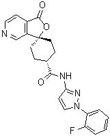 structure of CAS# 328232-95-7, trans-N-[1-(2-Fluorophenyl)-1H-pyrazol-3-yl]-1'-oxospiro[cyclohexane-1,3'(1'H)-furo[3,4-c]pyridine]-4-carboxamide;MK 0557