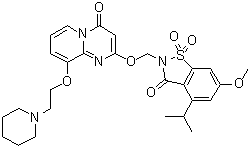 structure of CAS# 344930-95-6, 2-[[6-Methoxy-4-(1-methylethyl)-1,1-dioxido-3-oxo-1,2-benzisothiazol-2(3H)-yl]methoxy]-9-[2-(1-piperidinyl)ethoxy]-4H-pyrido[1,2-a]pyrimidin-4-one;SSR 69071
